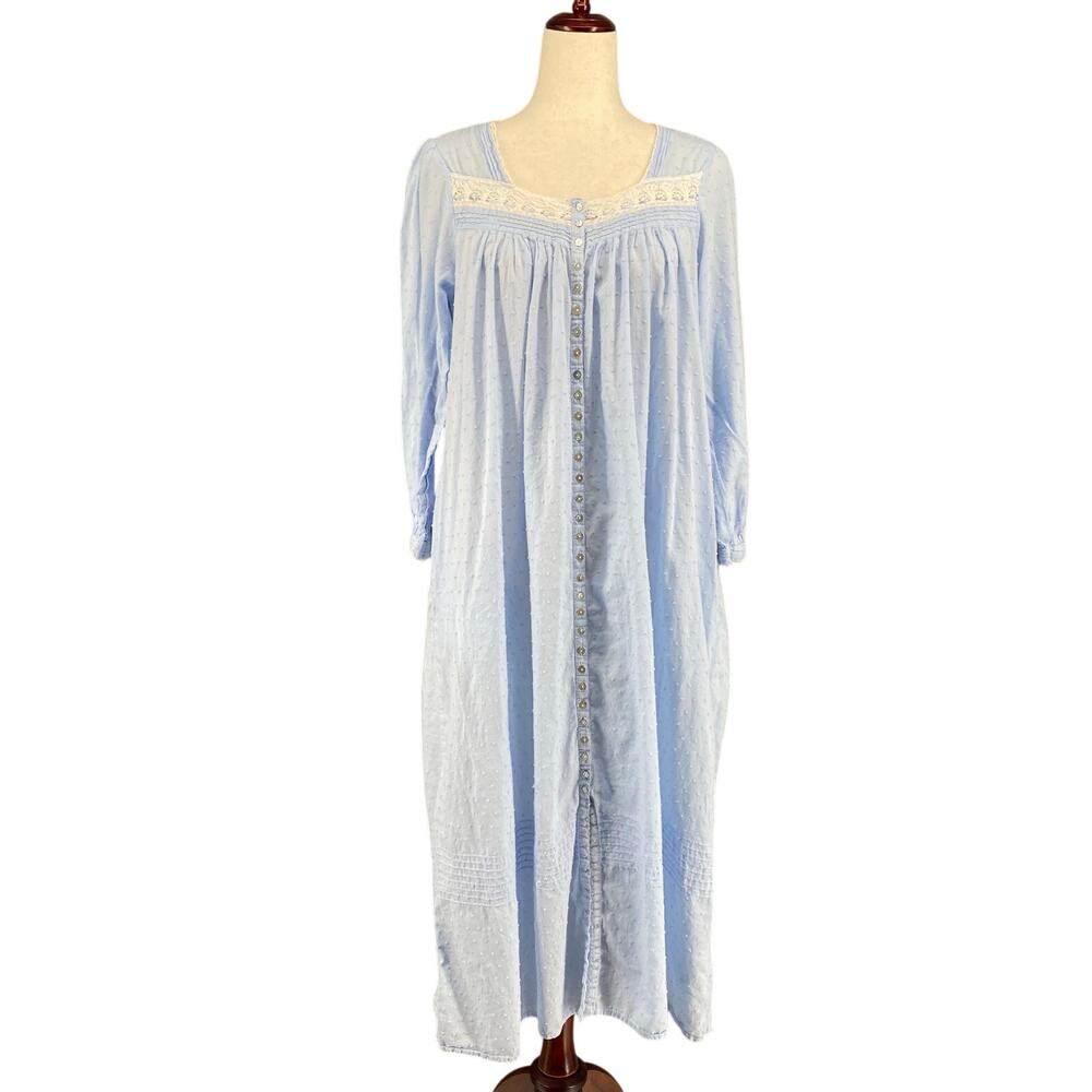 Eileen West Swiss Dot Button Down Cotton Nightgown Womens S Blue Pockets Cottage